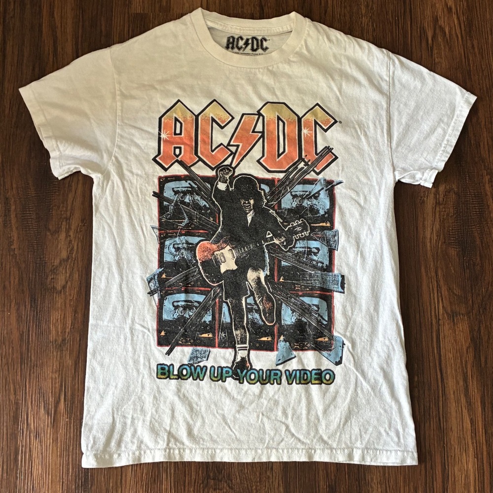AC/DC Band T-Shirt Mens S White Graphic Blow Up Your Video‎ Tour 100% Cotton